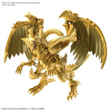 Maquette Yu-Gi-Oh! Figure-rise Standard Amplified Dragon Ailé de Râ dorée avec grandes ailes et griffes sur fond blanc.
