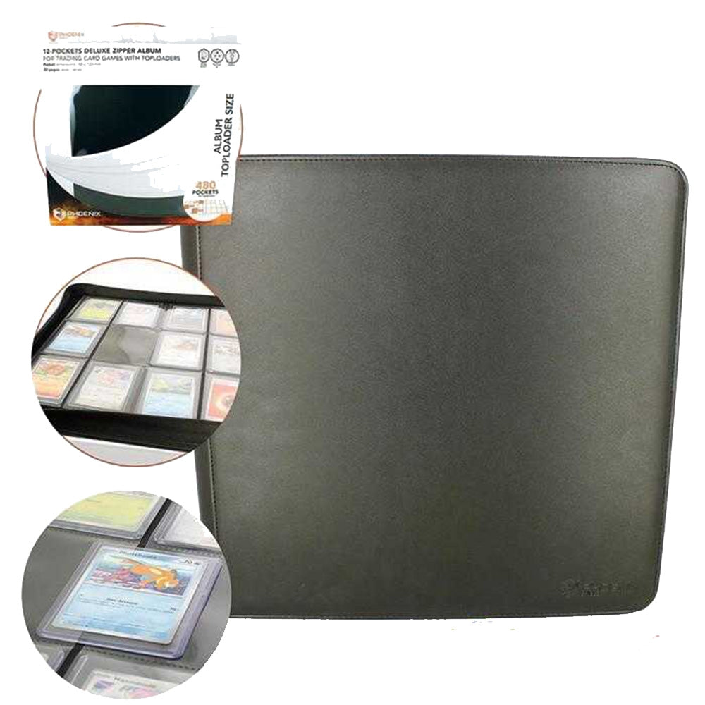 Portfolio Phoenix Shield Toploader Deluxe Zip Noir pour cartes à collectionner, album noir avec fermeture éclair, 20 pages de 12 emplacements recto verso et capacité de 480 cartes sous Toploader.