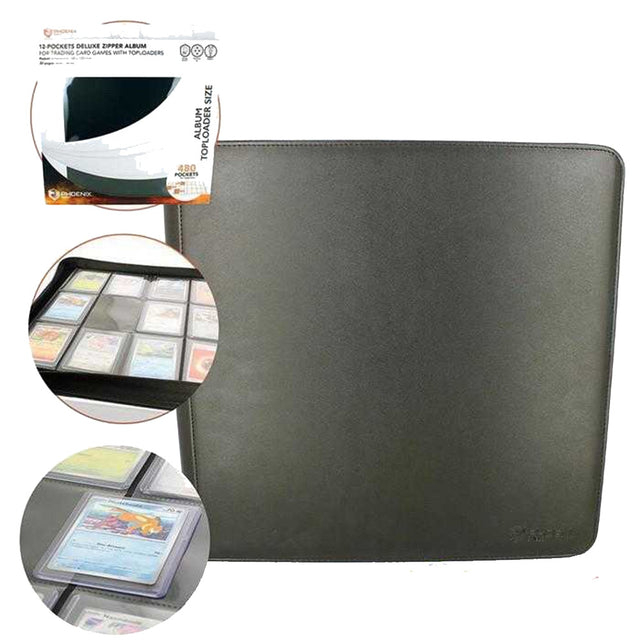 Portfolio Phoenix Shield Toploader Deluxe Zip Noir pour cartes à collectionner, album noir avec fermeture éclair, 20 pages de 12 emplacements recto verso et capacité de 480 cartes sous Toploader.