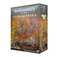 Boîte Warhammer 40,000 Armageddon Bataillon Orks avec figurines orks et véhicules sur un champ de bataille rouge et jaune.