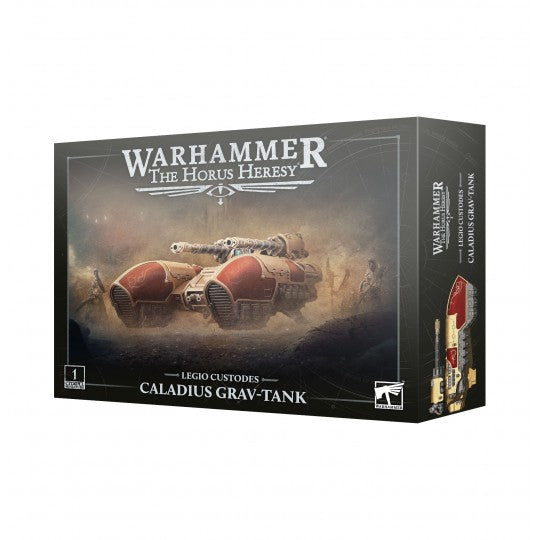Boîte Warhammer The Horus Heresy Legio Custodes Char Antigrav Caladius avec véhicule antigrav rouge et doré sur champ de bataille.