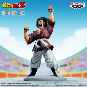 Figurine Dragon Ball Z History Box Mr. Satan par Banpresto, représentant le personnage en kimono bordeaux avec poing levé et signe de victoire.