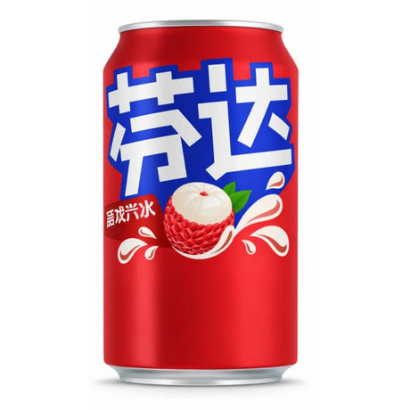 Canette rouge Fanta Lychee 330 ml avec visuel de litchi et grands caractères blancs et bleus sur fond rouge.