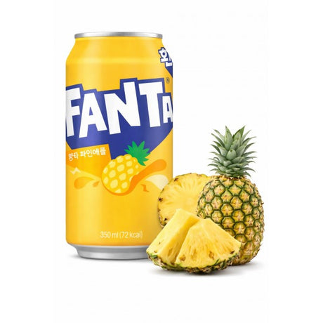 Canette jaune Fanta Pineapple Korea 350 ml avec visuel d’ananas sur fond blanc.