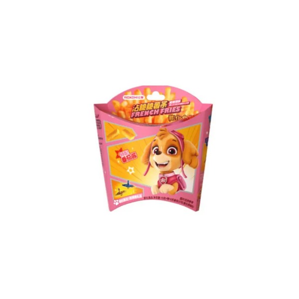Paquet de frites Pat’ Patrouille saveur chicken 25 g avec Stella sur fond rose.