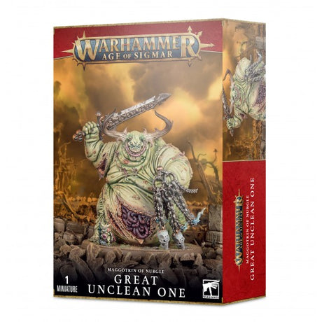 Boîte Warhammer Age of Sigmar Grand Immonde de Nurgle avec énorme démon verdâtre armé d’une grande lame dans un décor chaotique.