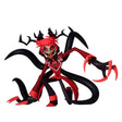 Figurine Hazbin Hotel Radio Demon Alastor par Banpresto, personnage rouge et noir avec sourire démoniaque, griffes et tentacules.