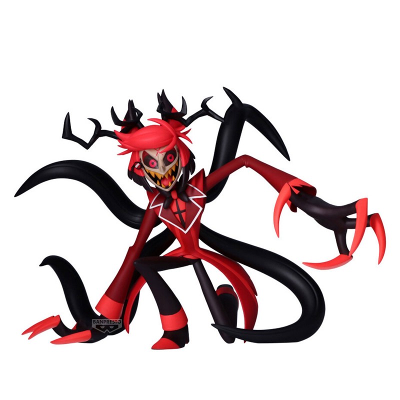 Figurine Hazbin Hotel Radio Demon Alastor par Banpresto, personnage rouge et noir avec sourire démoniaque, griffes et tentacules.