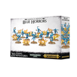 Boîte Warhammer Daemons of Tzeentch Blue Horrors avec 20 figurines démoniaques bleues entourées de flammes colorées.