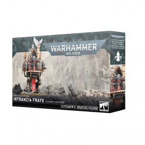 Boîte Warhammer 40,000 Adepta Sororitas Intranzia Fraye Dogmata Supérieure avec figurine religieuse sur décor gothique.