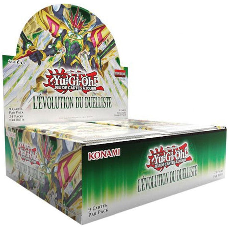 Boîte de 24 boosters Yu-Gi-Oh! L'Évolution du Duelliste, édition française, avec 9 cartes par pack et 1 carte brillante garantie.