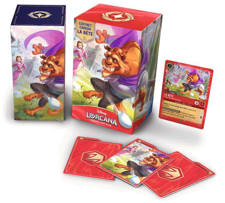 Coffret Cadeau Disney Lorcana La Bête, avec illustration de La Bête au premier plan et Belle en arrière-plan sur un packaging rouge et doré.