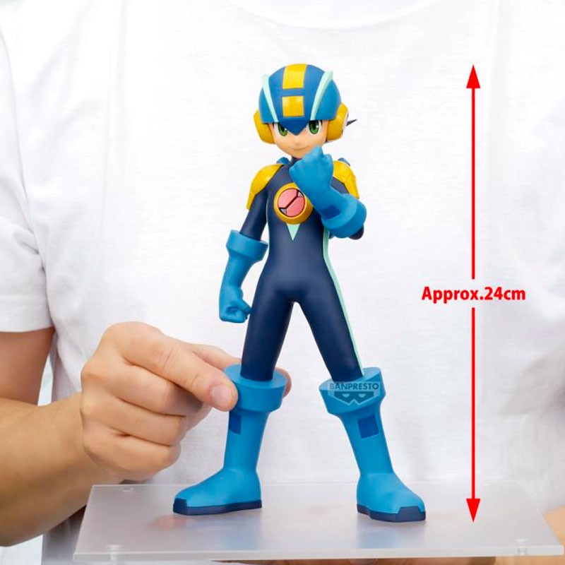 Figurine Mega Man Grandista Rockman.EXE par Banpresto, représentant Rockman.EXE en armure bleue et jaune avec casque futuriste et posture déterminée.