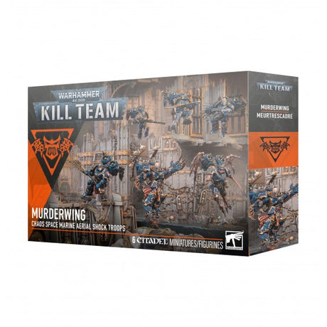 Boîte Warhammer Kill Team MeurtrescadrE Night Lords avec 6 figurines de Space Marines du Chaos en armure bleue dans un décor industriel.