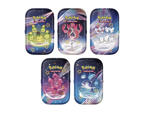 Mini Tin Box Pokémon Écarlate & Violet Destinées de Paldea – Boîte aléatoire avec 2 boosters, une carte illustrée et une boîte métallique collector.