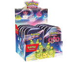 Mini Tin Box Pokémon Écarlate & Violet Destinées de Paldea – Boîte aléatoire avec 2 boosters, une carte illustrée et une boîte métallique collector.
