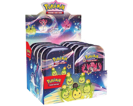 Mini Tin Box Pokémon Écarlate & Violet Destinées de Paldea – Boîte aléatoire avec 2 boosters, une carte illustrée et une boîte métallique collector.