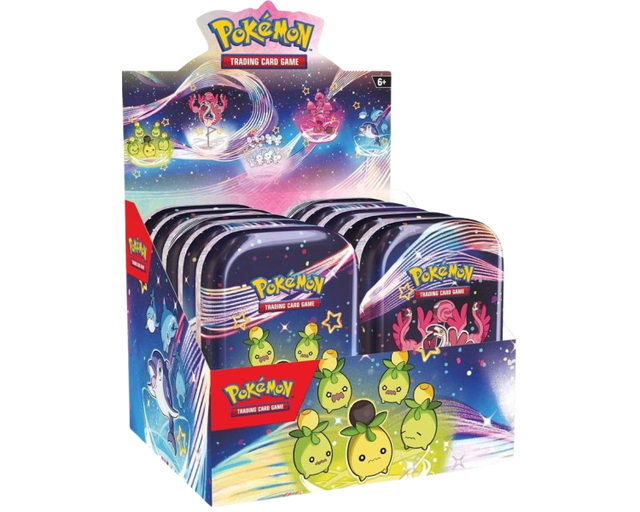 Mini Tin Box Pokémon Écarlate & Violet Destinées de Paldea – Boîte aléatoire avec 2 boosters, une carte illustrée et une boîte métallique collector.