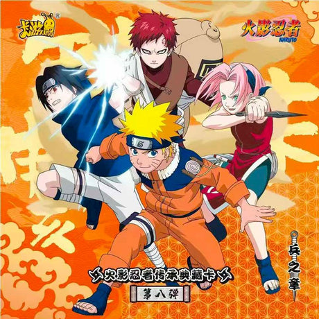 Booster de cartes Naruto illustré avec les personnages principaux, produit de la gamme Cartes Naruto Kayou sur fond orange.