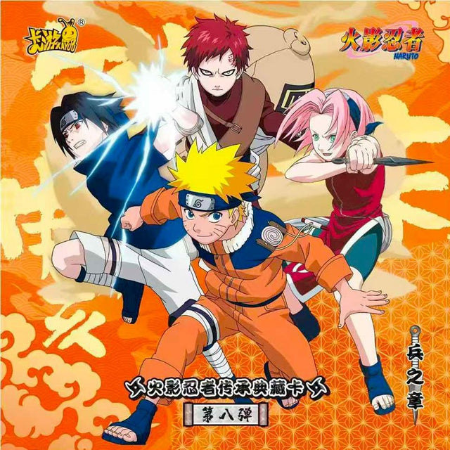 Booster de cartes Naruto illustré avec les personnages principaux, produit de la gamme Cartes Naruto Kayou sur fond orange.