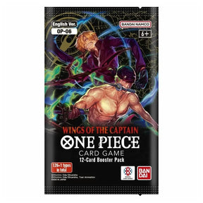 booster pack One Piece Card Game Wings of the Captain OP-06 (version anglaise). Zoro, torse nu, et Sanji, en costume, apparaissent en posture de combat, entourés d’effets lumineux colorés, sur un fond noir détaillé.
