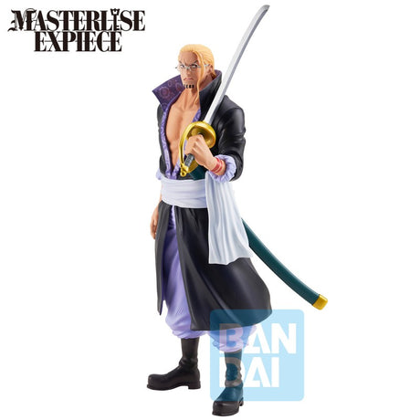 Figurine One Piece Ichibansho Masterlise Silvers Rayleigh avec sabre, tenue noire et violette, logo Bandai.
