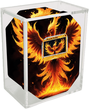 Vitrine acrylique transparente Phoenix Shield pour Pokébox Tin, avec visuel phénix orange et noir, conçue pour protéger et exposer une tin Pokémon.