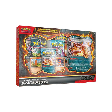 Coffret Pokémon Collection Spéciale Dracaufeu EX avec carte lenticulaire, cartes promo et boosters.