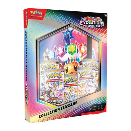 Coffret Pokémon Écarlate & Violet Évolutions Prismatiques avec 1 classeur de rangement et 4 boosters.
