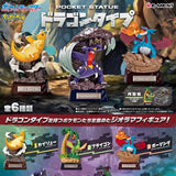 Boîtes aléatoires Pokémon Pocket Statue Type Dragon par Re-Ment, avec figurines mini-dioramas de Pokémon dragon comme Dracolosse, Carchacrok et Drattak.