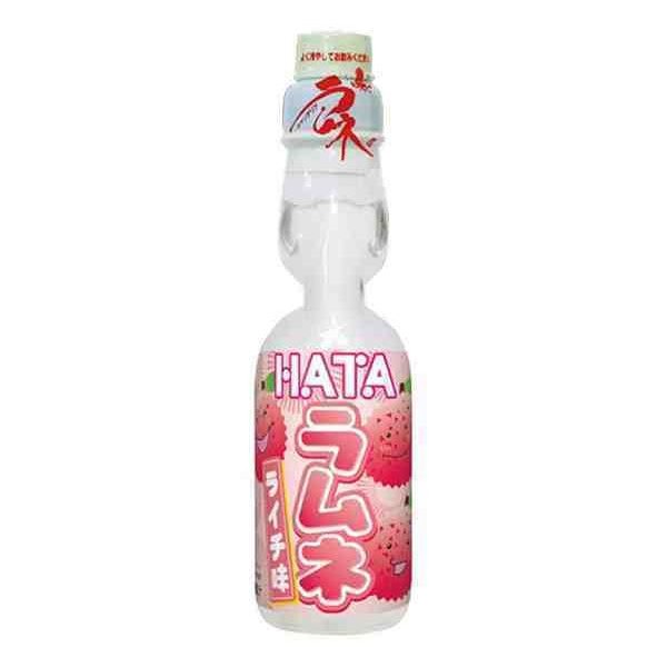Bouteille de soda japonais Ramune Hata Kosen saveur litchi avec étiquette rose.