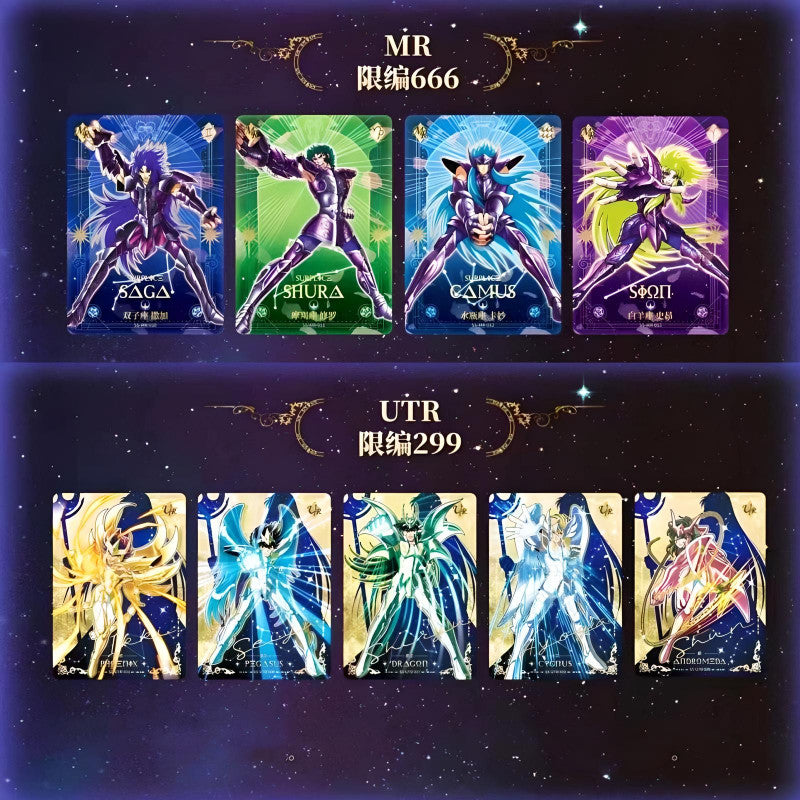 Display de 18 boosters de la Série 2 Hades des cartes Saint Seiya éditées par Kayou, avec visuel des Chevaliers d’Athéna et d’Hades.