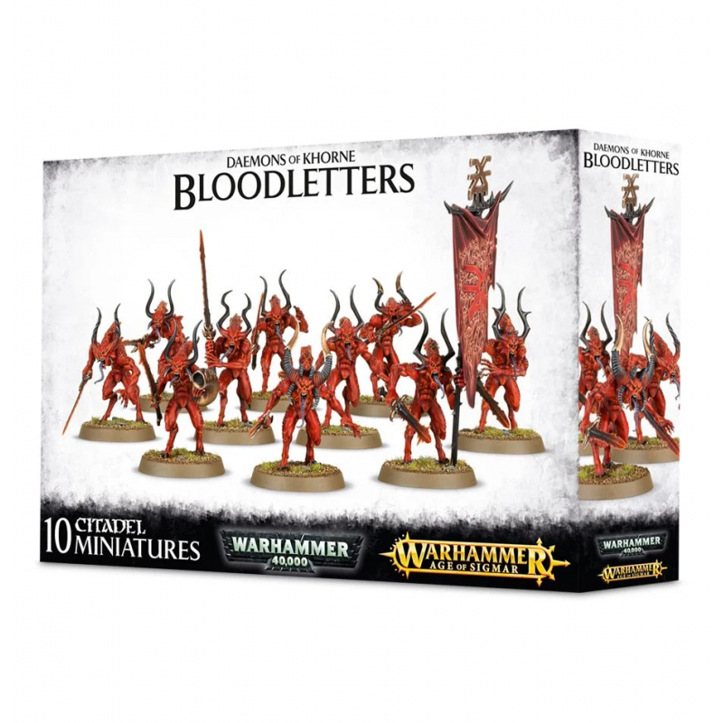 Boîte Warhammer Daemons of Khorne Bloodletters avec 10 figurines démoniaques rouges armées de lames et bannière de Khorne.