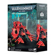 Boîte Warhammer 40,000 Aeldari Serpent Ondoyant avec véhicule rouge futuriste sur fond de champ de bataille.