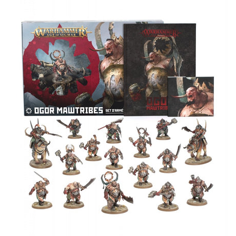 Set d’armée Warhammer Age of Sigmar Ogor Mawtribes avec figurines ogors, cavaliers, livre et accessoires de jeu.