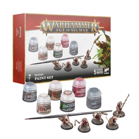 Boîte Warhammer Age of Sigmar Set de Peinture Skaven avec figurines, pots de peinture Citadel Colour et pinceau sur fond blanc.