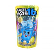 Pochette de boisson Sweet 16 Blue Lemon Ade 200 ml sans sucre, avec illustration colorée de citron, glaçons et boisson bleue.