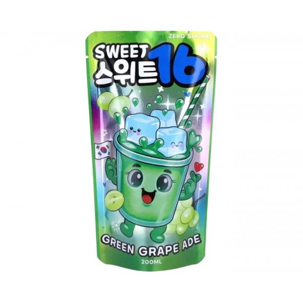 Pochette de boisson Sweet 16 Green Grape Ade 200 ml sans sucre, avec illustration colorée de raisin vert et glaçons.