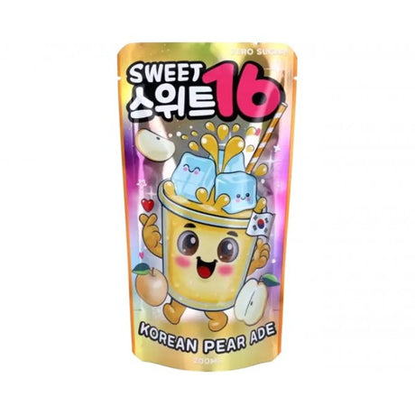 Pochette de boisson Sweet 16 Korean Pear Ade 200 ml sans sucre, avec illustration colorée de poire et glaçons.