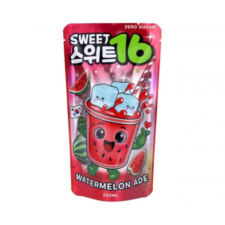 Pochette de boisson Sweet 16 Watermelon Ade 200 ml sans sucre, avec illustration colorée de pastèque et glaçons.