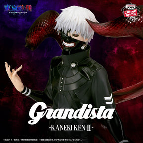 Figurine Tokyo Ghoul Grandista Ken Kaneki par Banpresto, personnage aux cheveux blancs en tenue noire avec masque de goule et kagune rouges déployés.