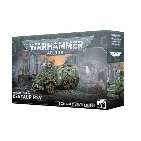 Boîte Warhammer 40,000 Astra Militarum Centaur RSV contenant 1 figurine Citadel de véhicule blindé de reconnaissance.