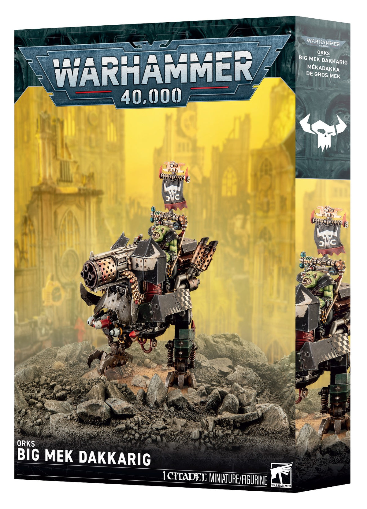 Figurine Warhammer 40,000 Orks Mékadakka de Gros Mek, véhicule de guerre ork surarmé avec blindage, canons et pilote Gros Mek sur socle décoré.