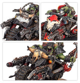 Boîte Warhammer 40,000 Orks Warbikers Motards de Guerre contenant 3 figurines Citadel de motards orks sur motos armées.