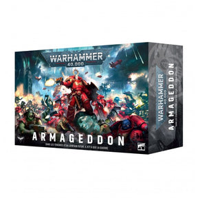 Boîte Warhammer 40,000 Armageddon en français avec Space Marines rouges, Orks et scènes de bataille futuriste.