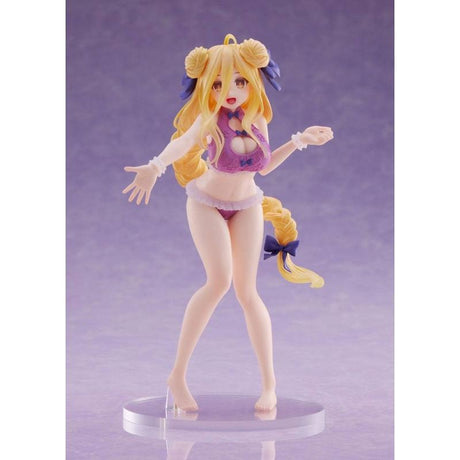 Figurine de Mukuro Hoshimiya en maillot de bain violet, issue de Date A Live IV. Elle est représentée pieds nus, avec une pose joyeuse, ses cheveux longs tressés décorés de rubans, sur un socle transparent.